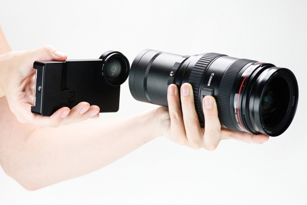 An iPhone SLR Mount for Canon and Nikon Lenses
