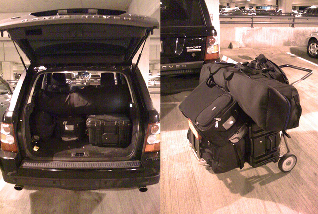 My normal travel kit. 1 Pelican case with lights, 1 light stand bag with misc accessories, and my laptop and camera bags, which I carry on the plane with me.