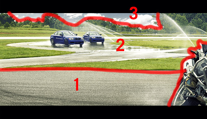 An example of one section from the composite. Each number represents a different image that was stitched into the final image. It was a challenge to shoot the wet track in image "2" to fit the perspective of image 1 because in real life the 2 sections of the track were much further apart