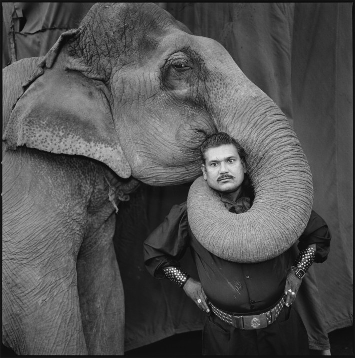 Image name: Ram Prakash Singh with His Elephant Shyama, Great Golden Circus, Ahmedabad, India 1990 Indian Circus Copyright: @Mary Ellen Mark